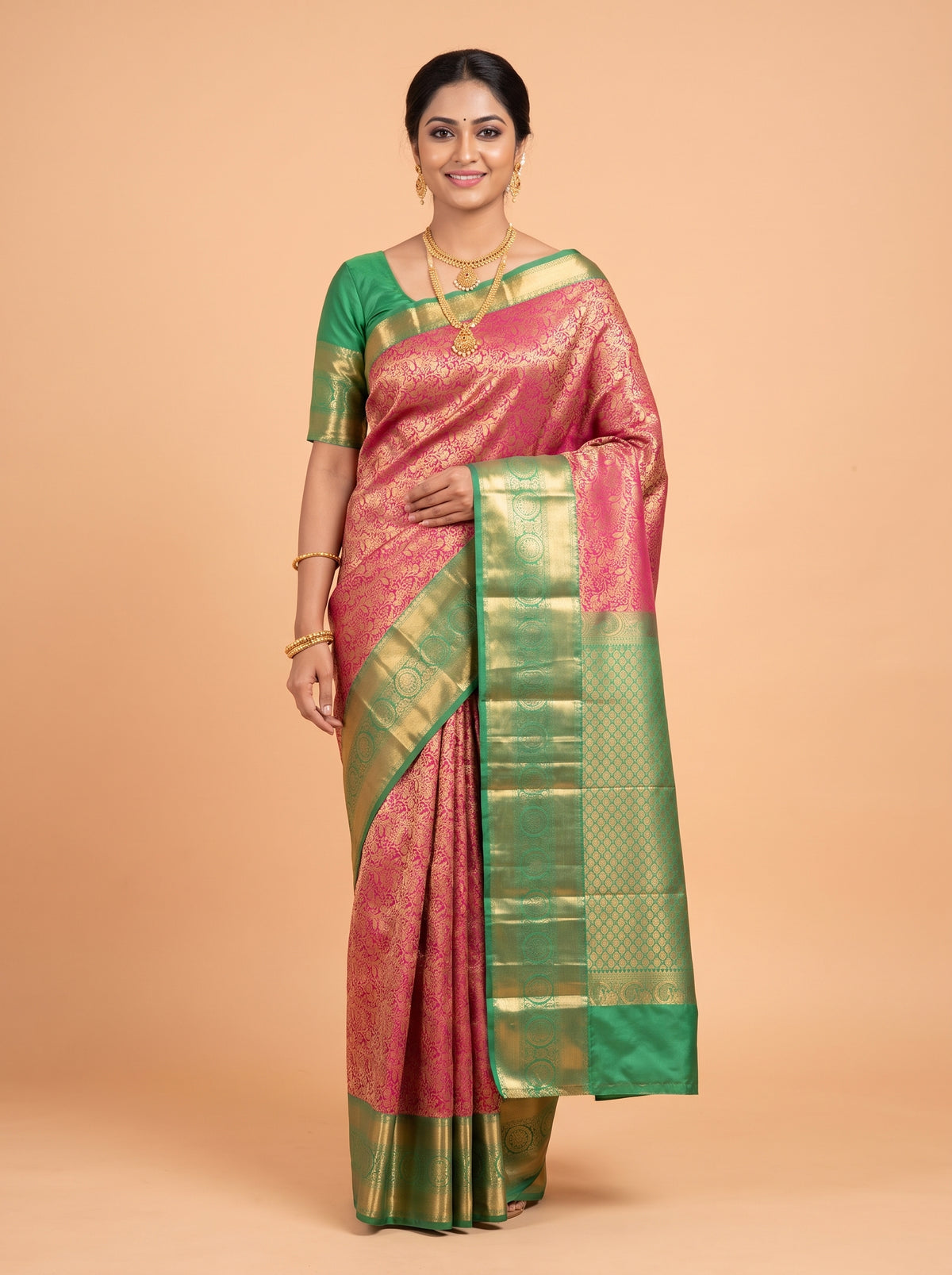 Rich Maroon and Emerald Green Antique Gold Zari Woven Semi Kanchivaram Silk Saree