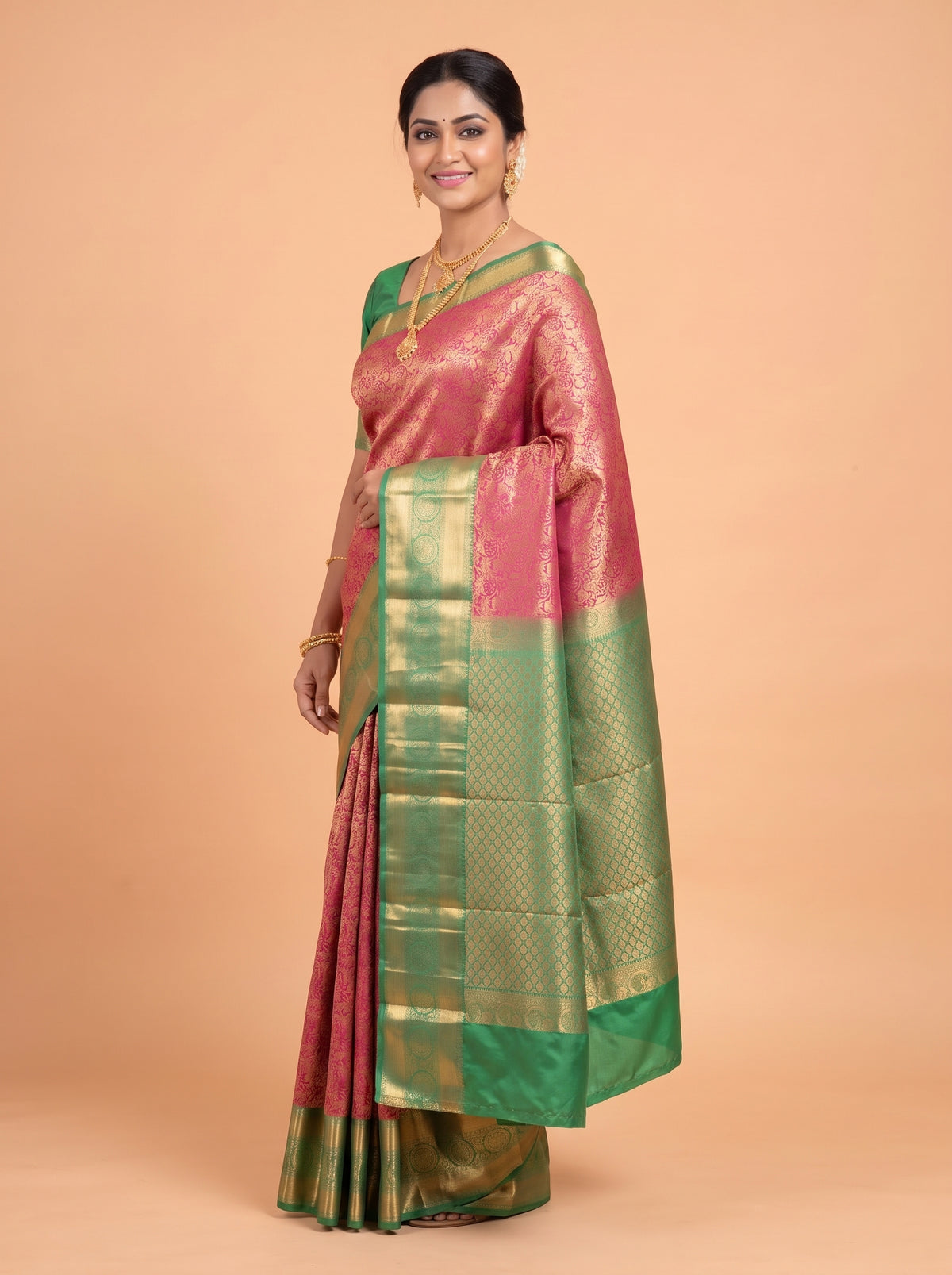 Rich Maroon and Emerald Green Antique Gold Zari Woven Semi Kanchivaram Silk Saree