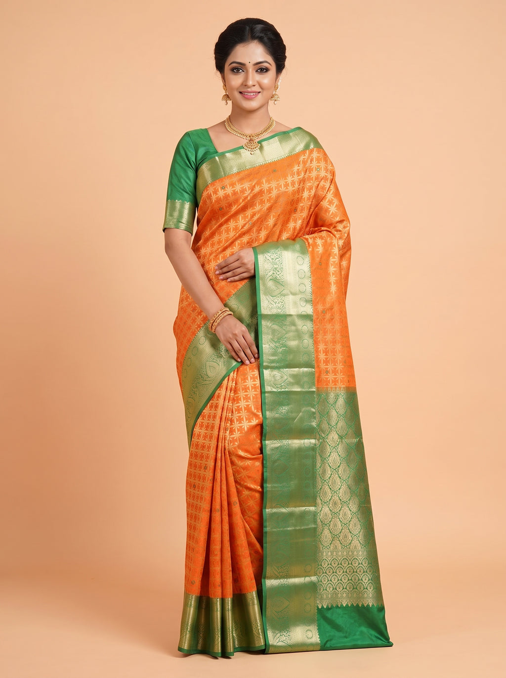 Orange and Dark Green Antique Gold Zari Woven Semi Kanchivaram Silk Saree