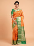 Orange and Dark Green Antique Gold Zari Woven Semi Kanchivaram Silk Saree