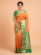 Orange and Dark Green Antique Gold Zari Woven Semi Kanchivaram Silk Saree