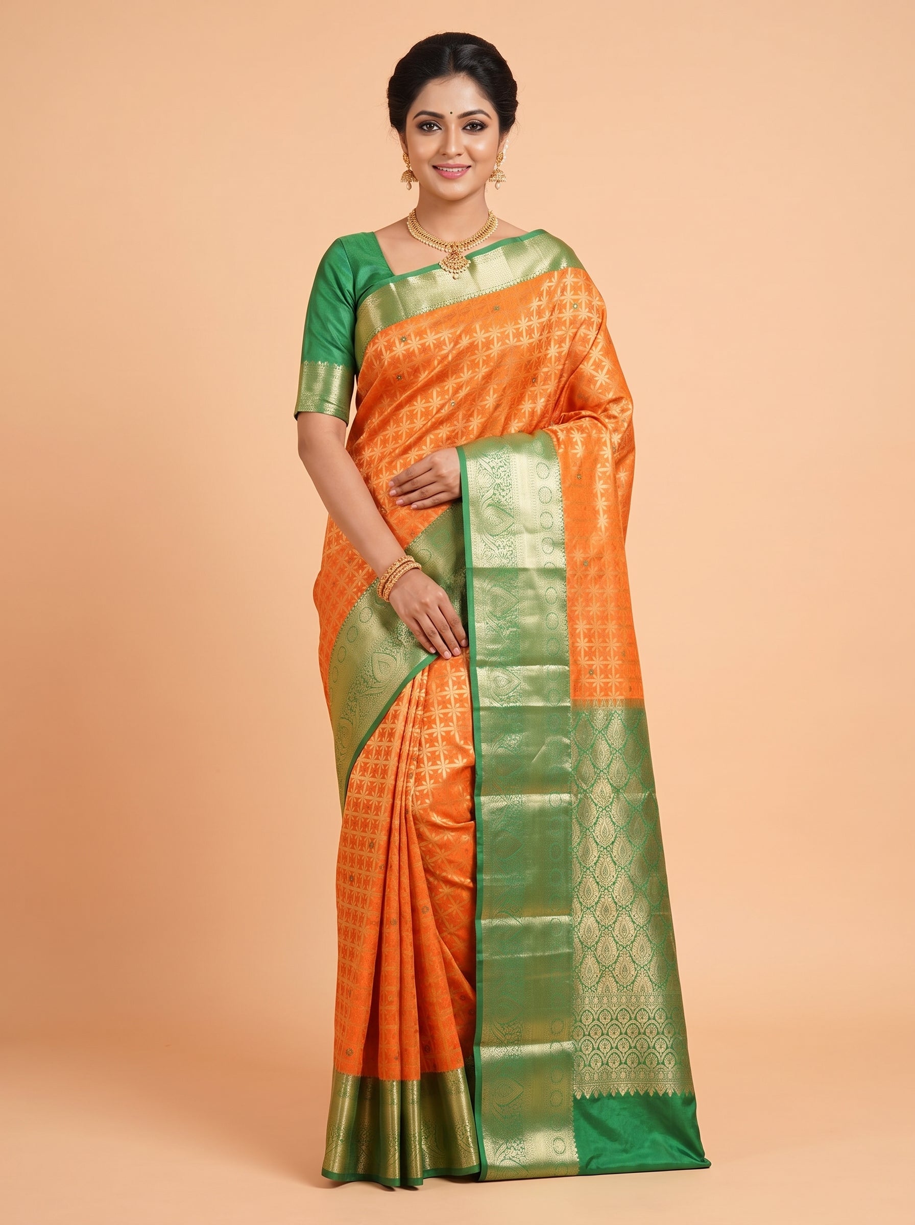 Orange and Dark Green Antique Gold Zari Woven Semi Kanchivaram Silk Saree