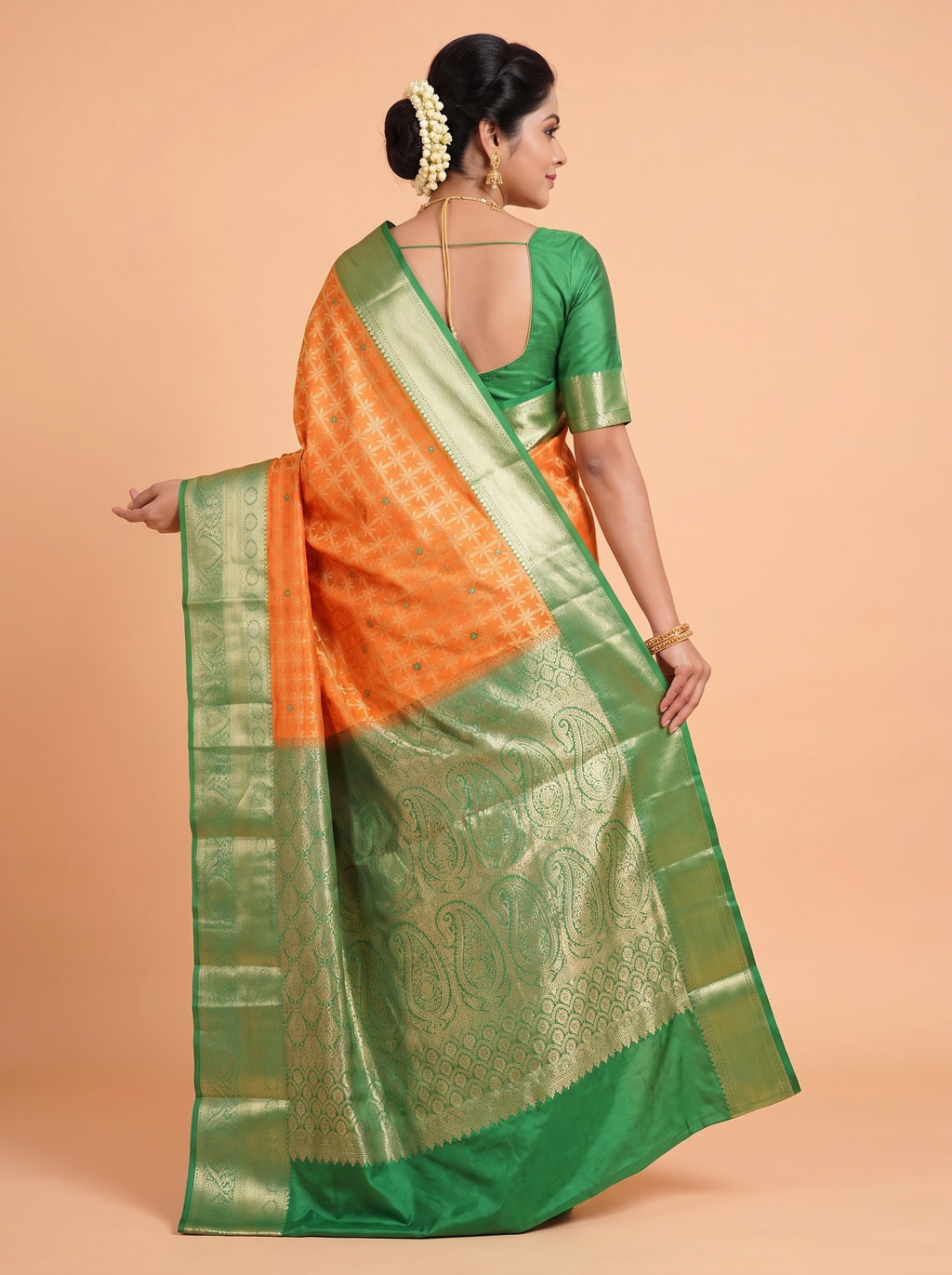 Orange and Dark Green Antique Gold Zari Woven Semi Kanchivaram Silk Saree