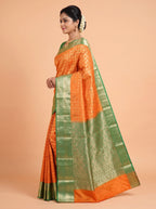 Orange and Dark Green Antique Gold Zari Woven Semi Kanchivaram Silk Saree