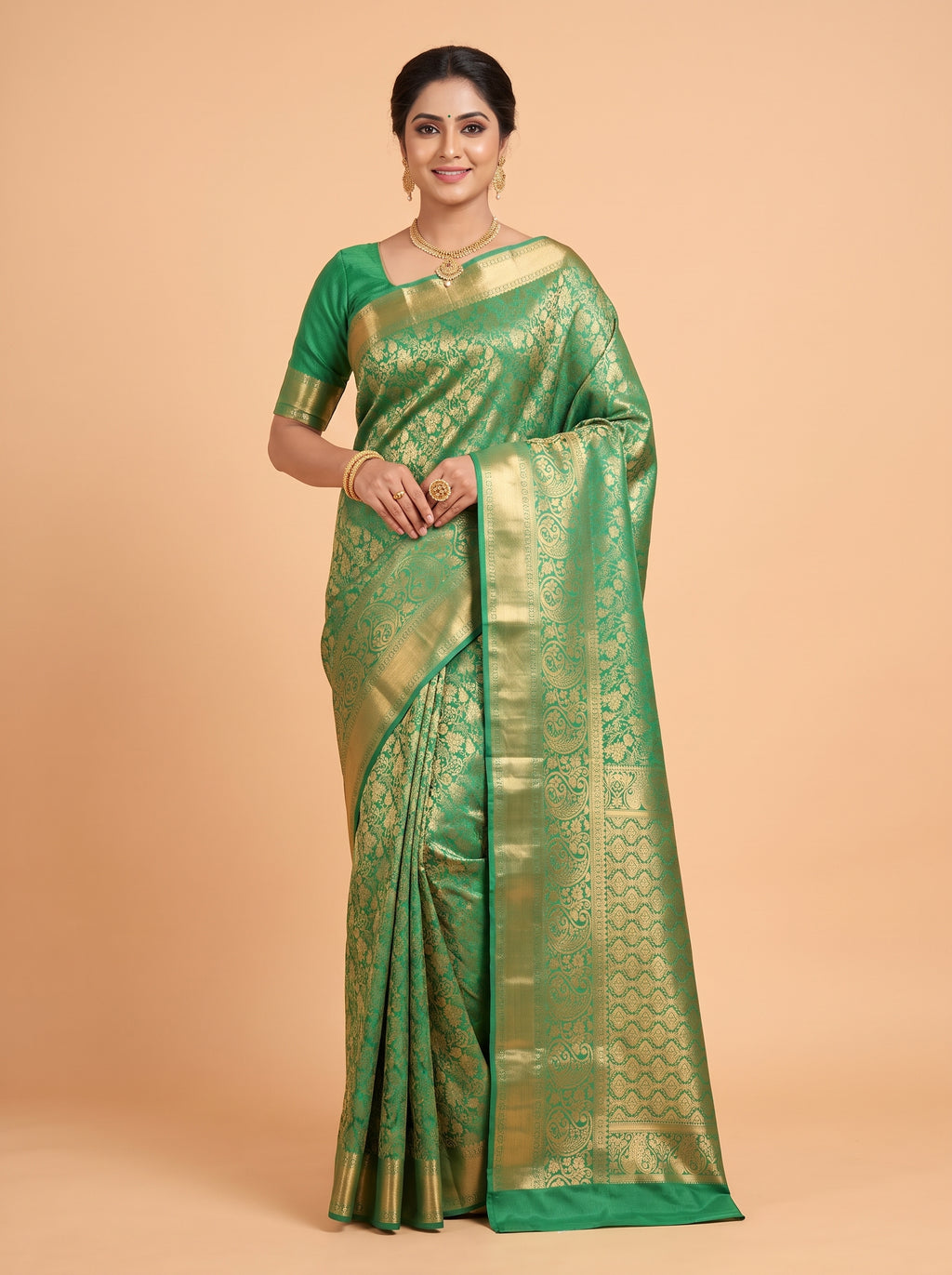 Green and Gold Zari Woven Semi Kanchivaram Silk Saree
