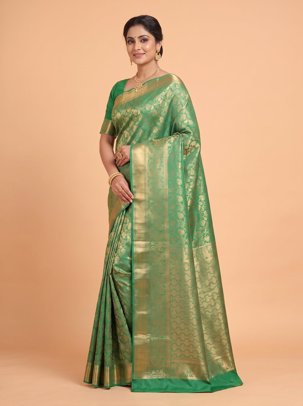 Green and Gold Zari Woven Semi Kanchivaram Silk Saree