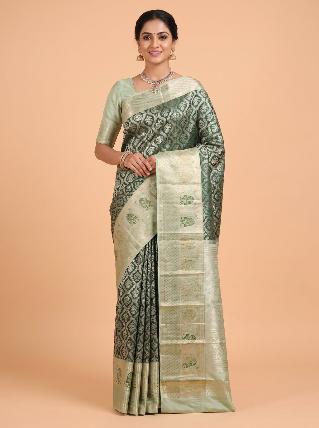 Teal Blue and Antique Gold Zari Woven Semi Kanchivaram Silk Saree