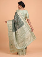 Teal Blue and Antique Gold Zari Woven Semi Kanchivaram Silk Saree