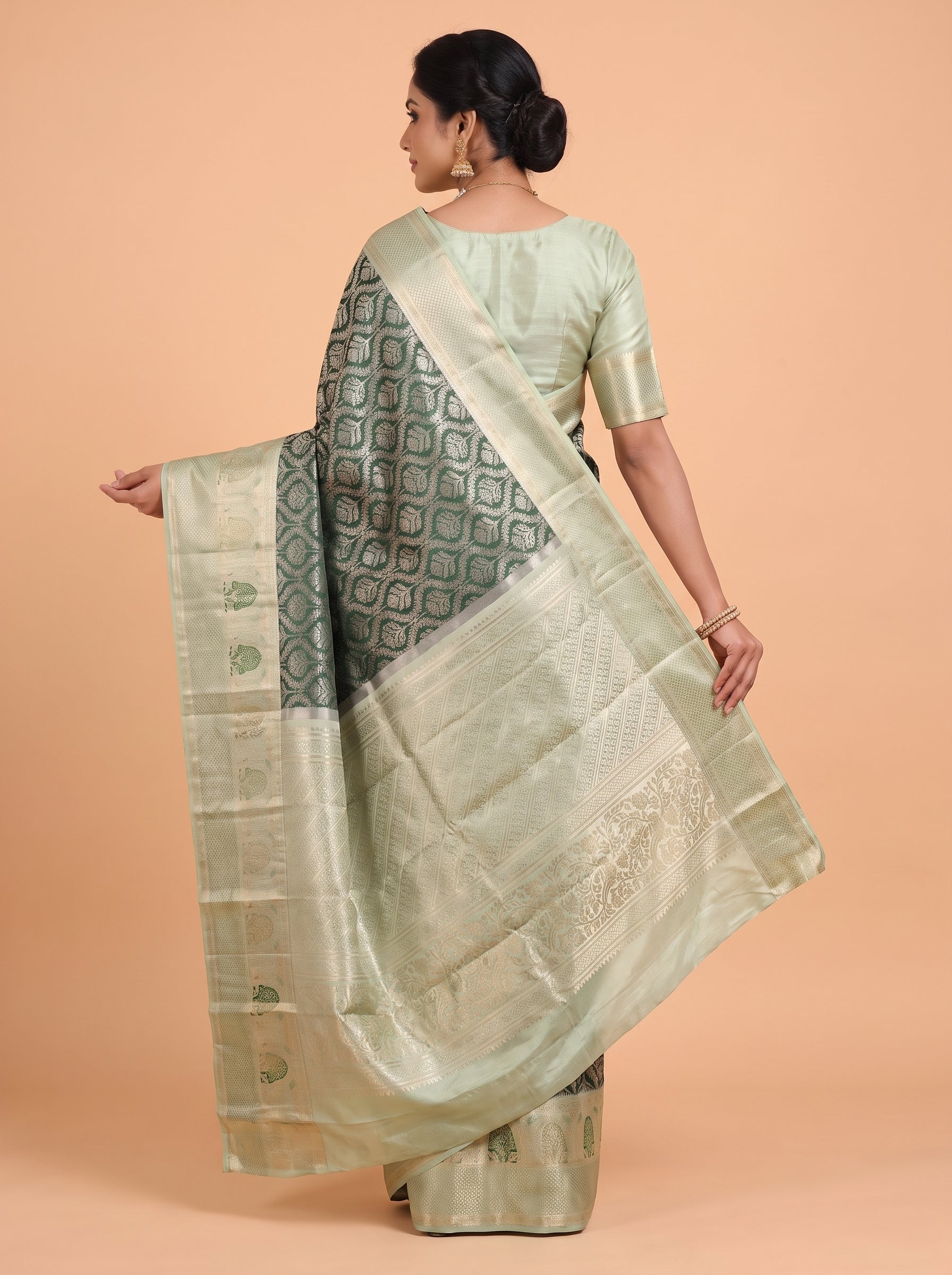 Teal Blue and Antique Gold Zari Woven Semi Kanchivaram Silk Saree
