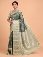 Teal Blue and Antique Gold Zari Woven Semi Kanchivaram Silk Saree