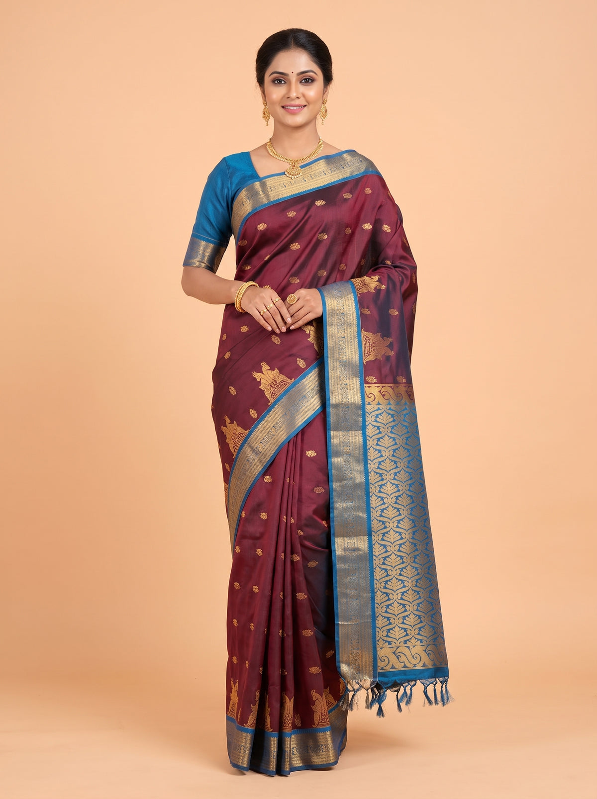Maroon and Blue semi silk Saree
