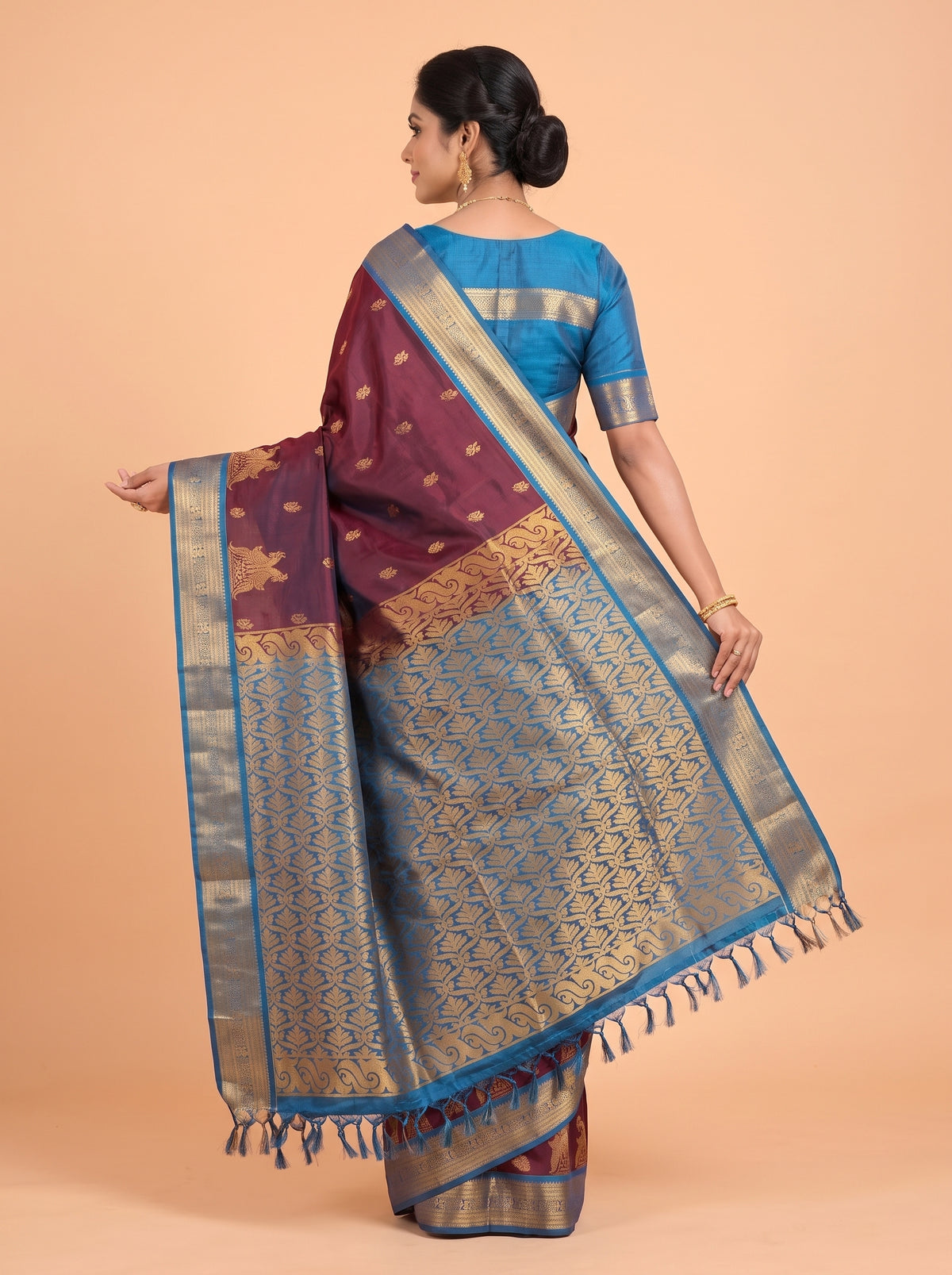 Maroon and Blue semi silk Saree