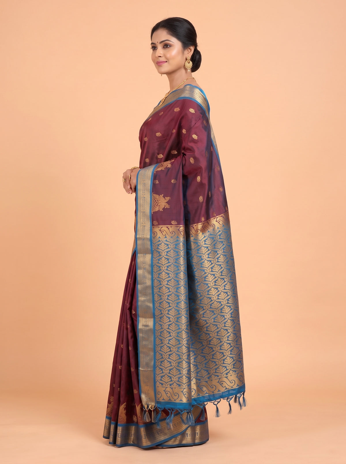 Maroon and Blue semi silk Saree
