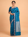 Turquoise Blue Silk Saree with Silver Butti Motifs and Woven Zari Pallu