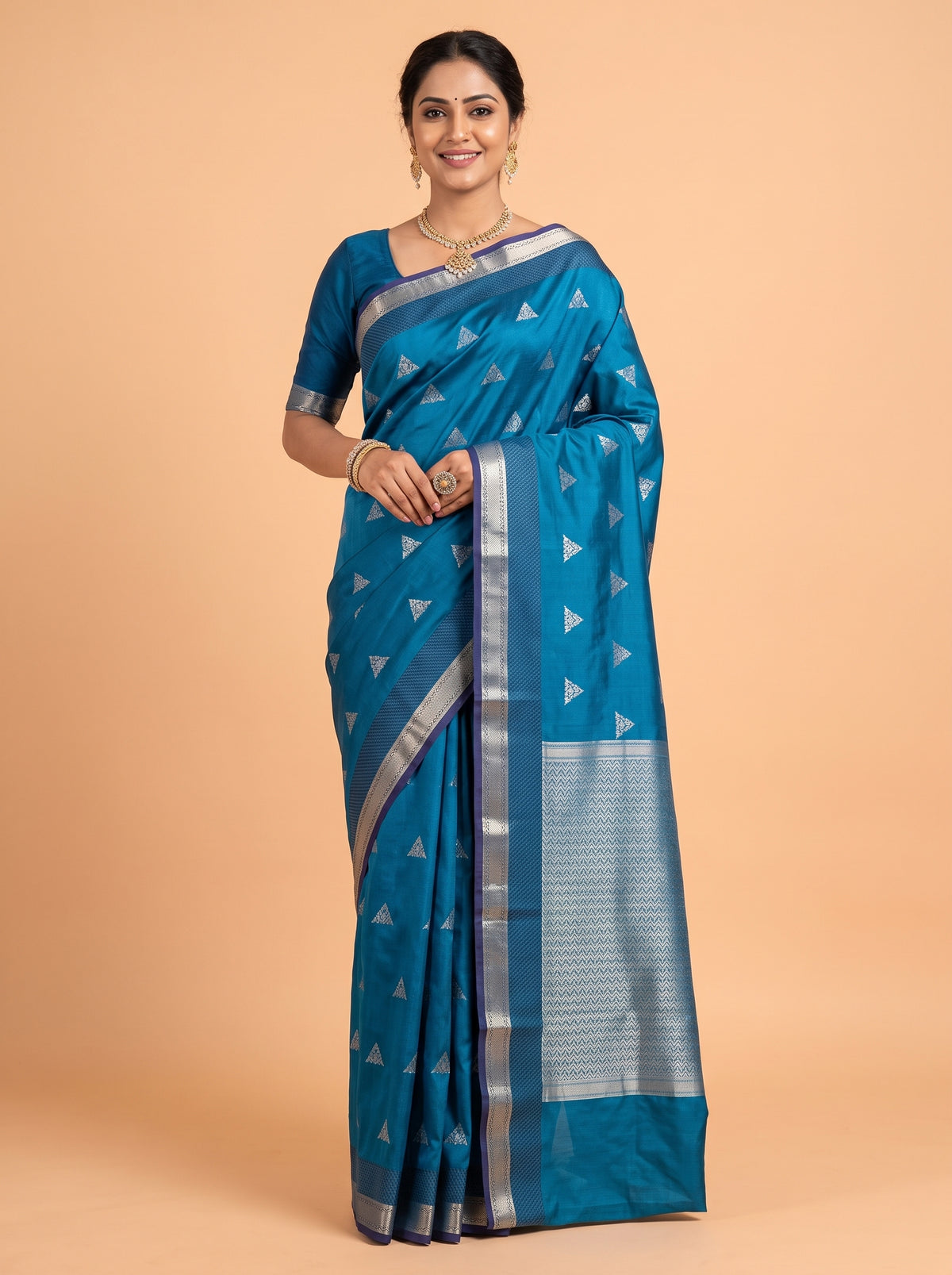 Turquoise Blue Silk Saree with Silver Butti Motifs and Woven Zari Pallu