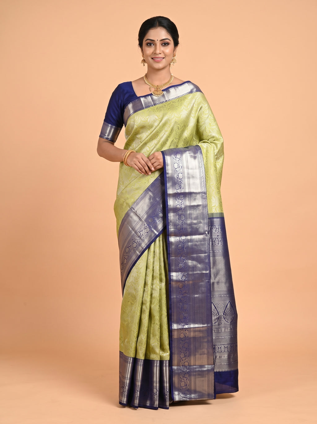 Parrot Green Kanchipuram Saree with Floral Paisley Geometric Border
