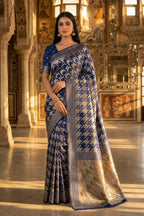 Mugdha Blue Georgette Saree Silver Zari Houndstooth Weave
