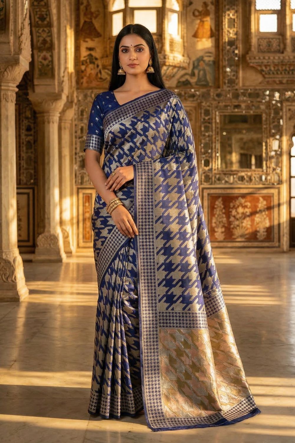 Mugdha Blue Georgette Saree Silver Zari Houndstooth Weave