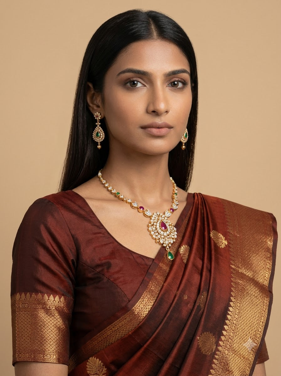 Rust Brown Floral Zari Silk Saree