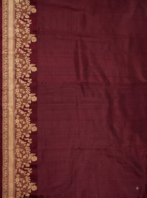 Brown Gold Zari Floral Paisley Woven Chiniya Silk Saree