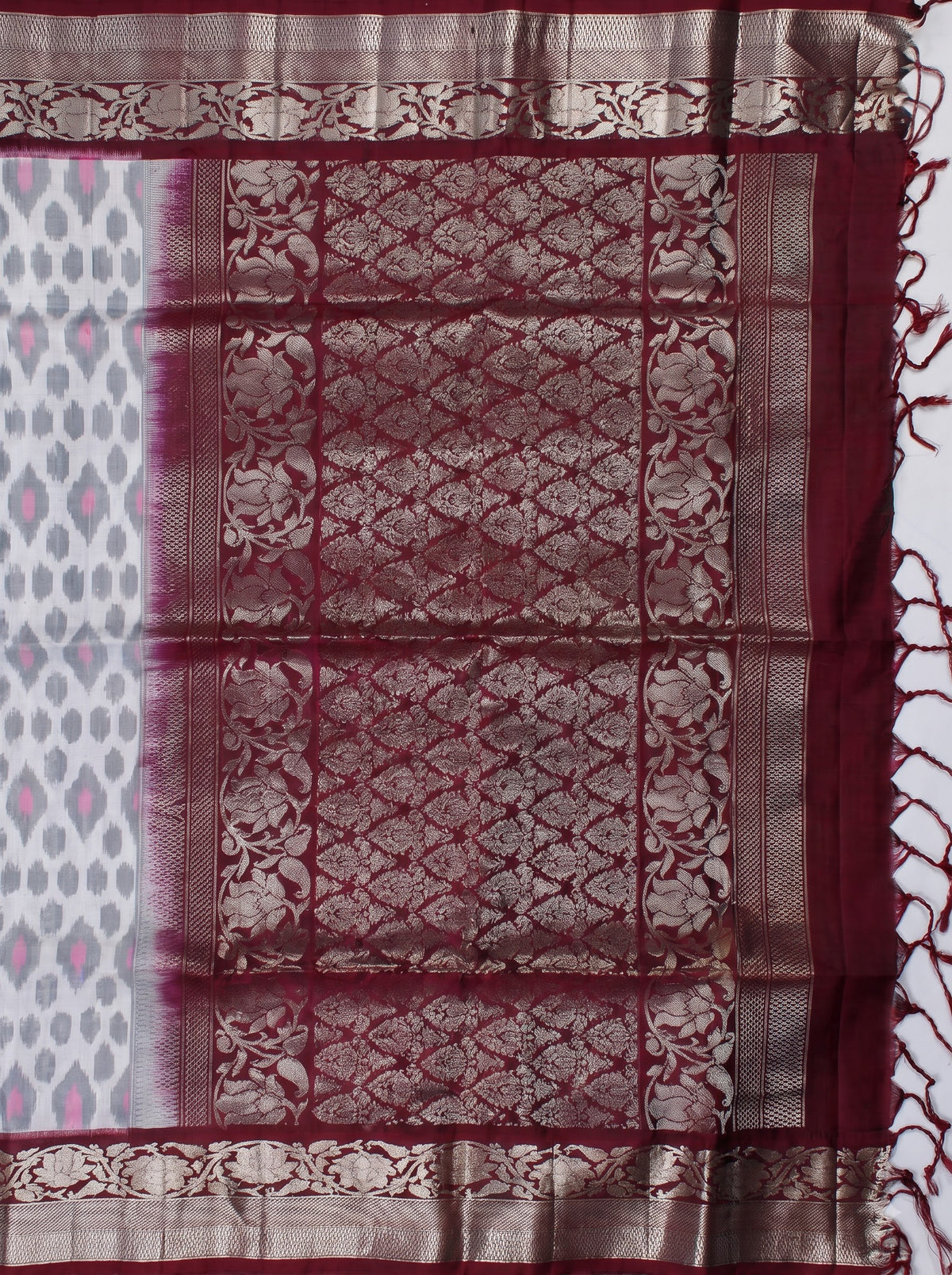Grey White Maroon Chiniya Silk Silver Zari Geometric Saree