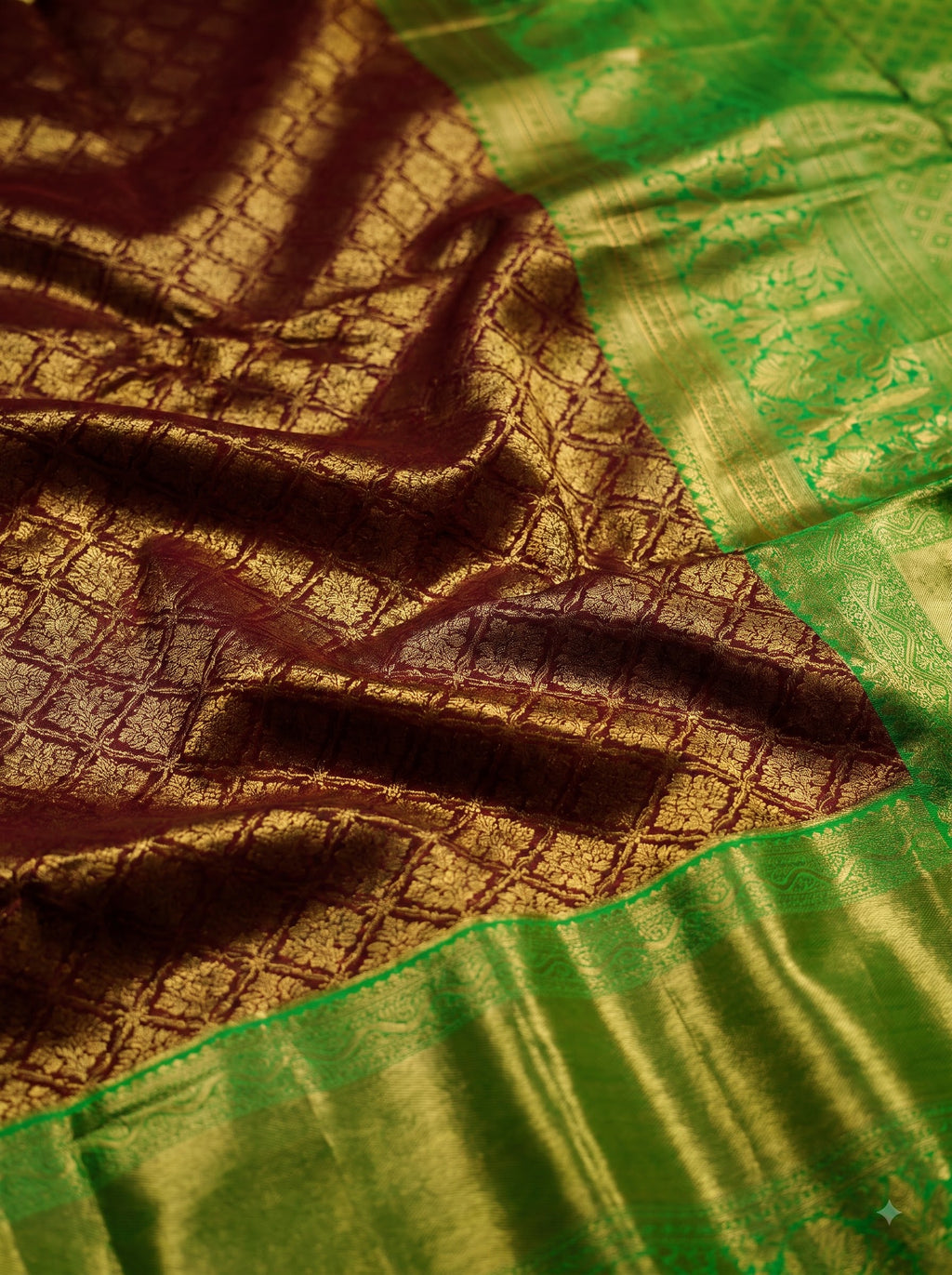 Bright Green and Dark Brown Gold Zari Woven Semi Silk Saree