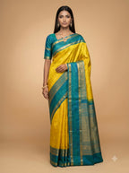 Lime Green Blue Gold Butti Kanjivaram Silk Saree