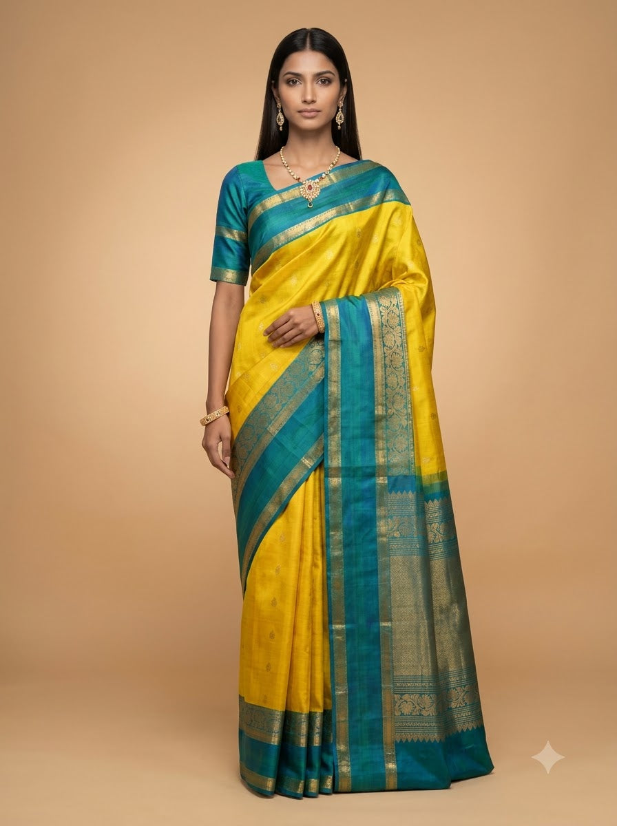 Lime Green Blue Gold Butti Kanjivaram Silk Saree