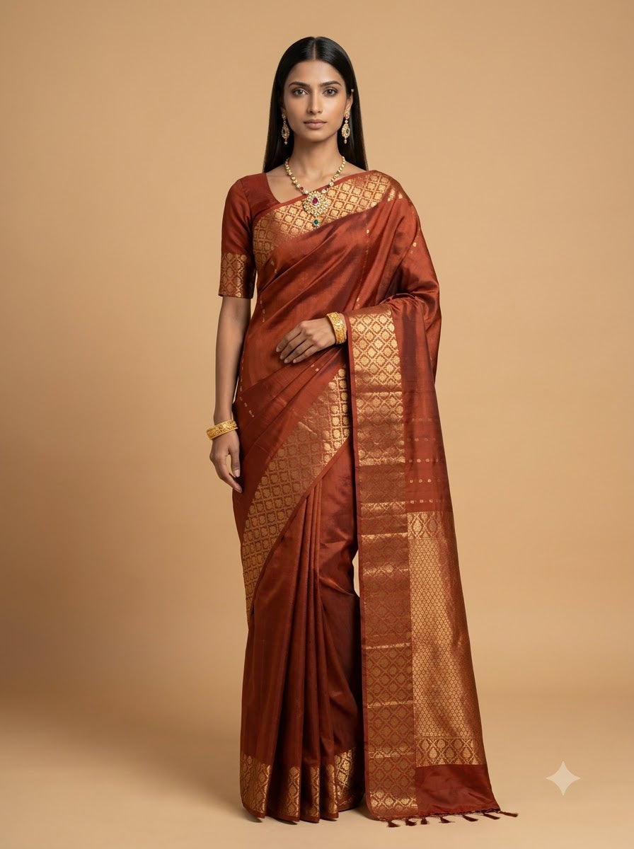 Rust Brown Floral Zari Silk Saree