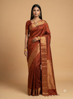 Rust Brown Floral Zari Silk Saree