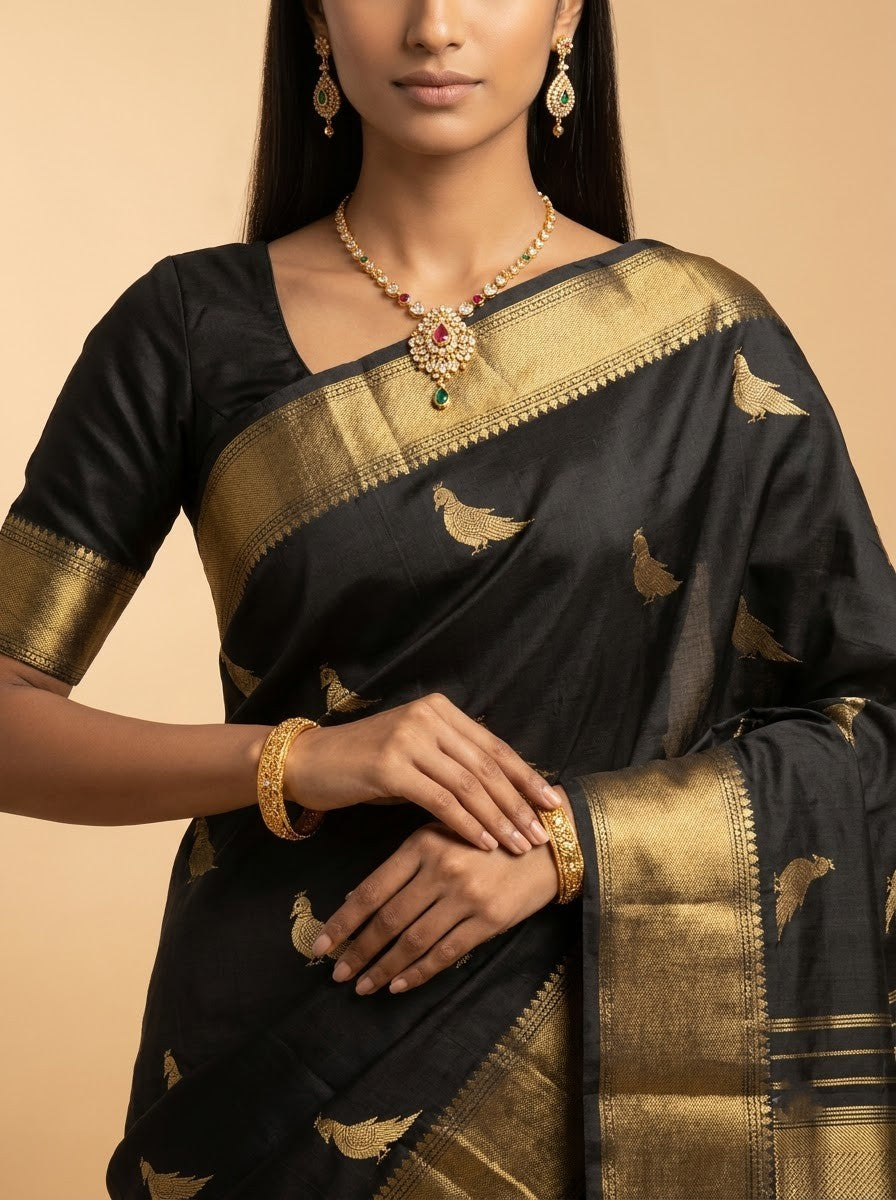 Jet Black Kanjeevaram Silk with Antique Gold Zari