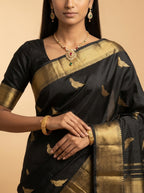 Jet Black Kanjeevaram Silk with Antique Gold Zari