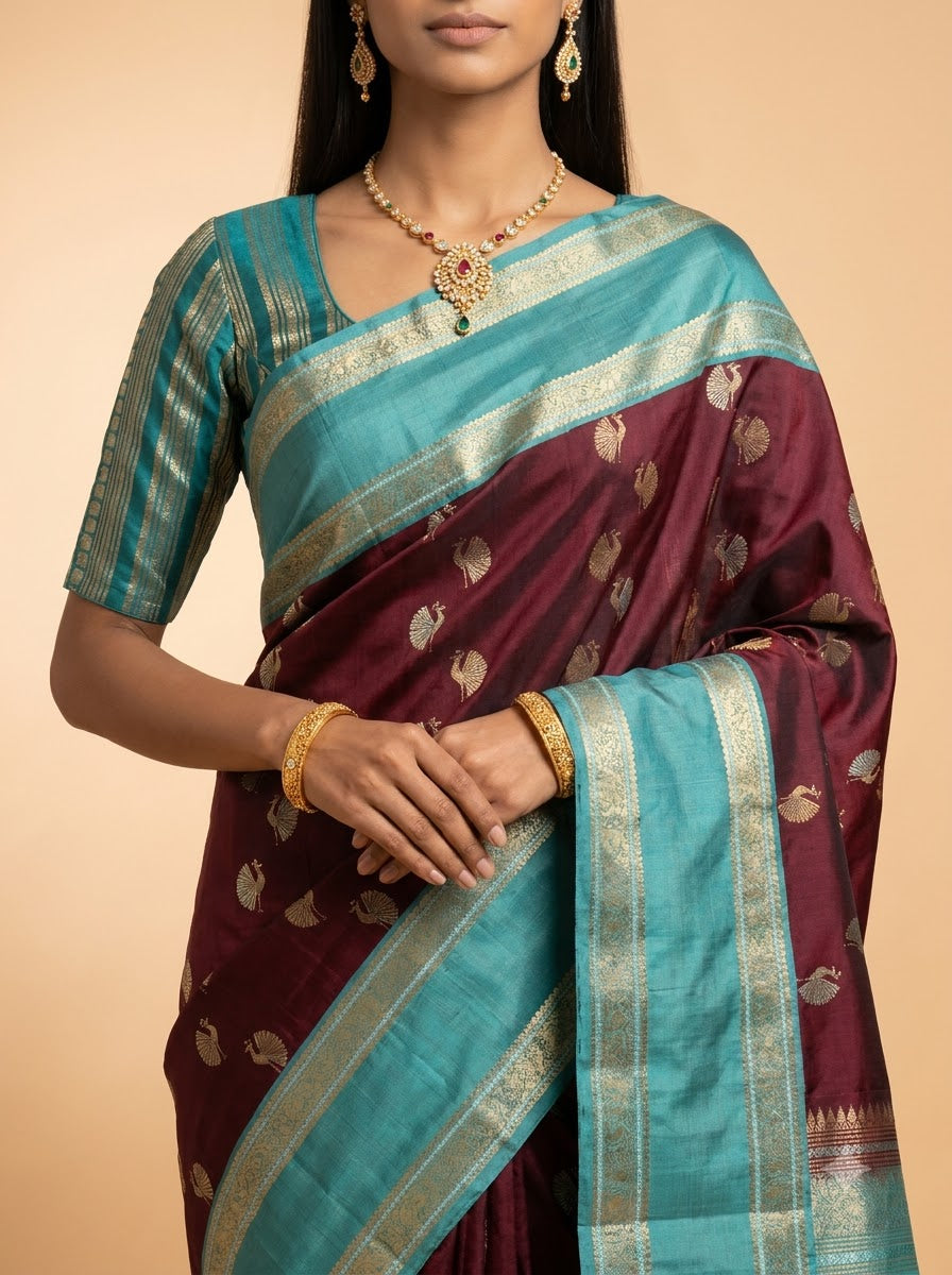Maroon Teal Peacock  Kanjeevaram Silk Saree