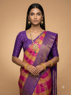 Purple Checked Silk Saree with Gold Zari Lines