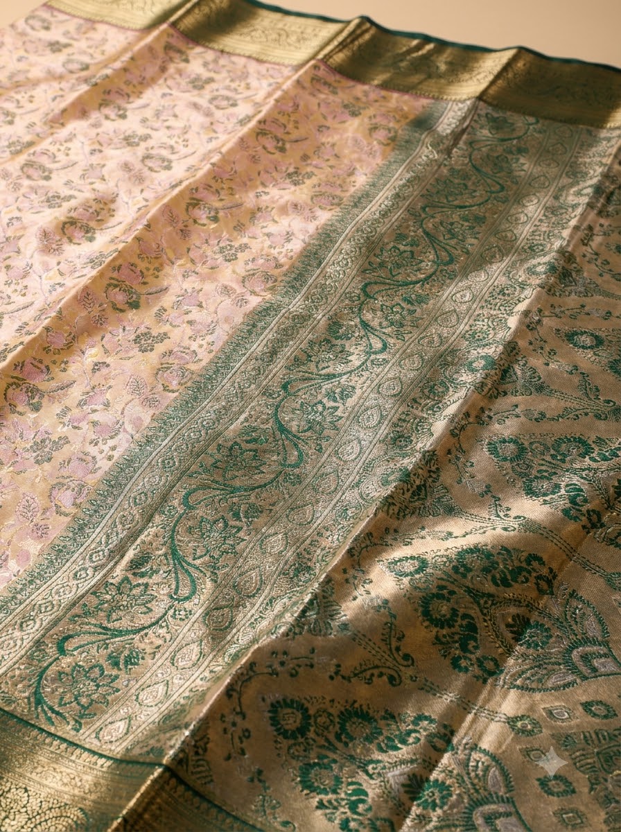 Dual Tone Cream & Yellow color Tissue Saree with Green Border