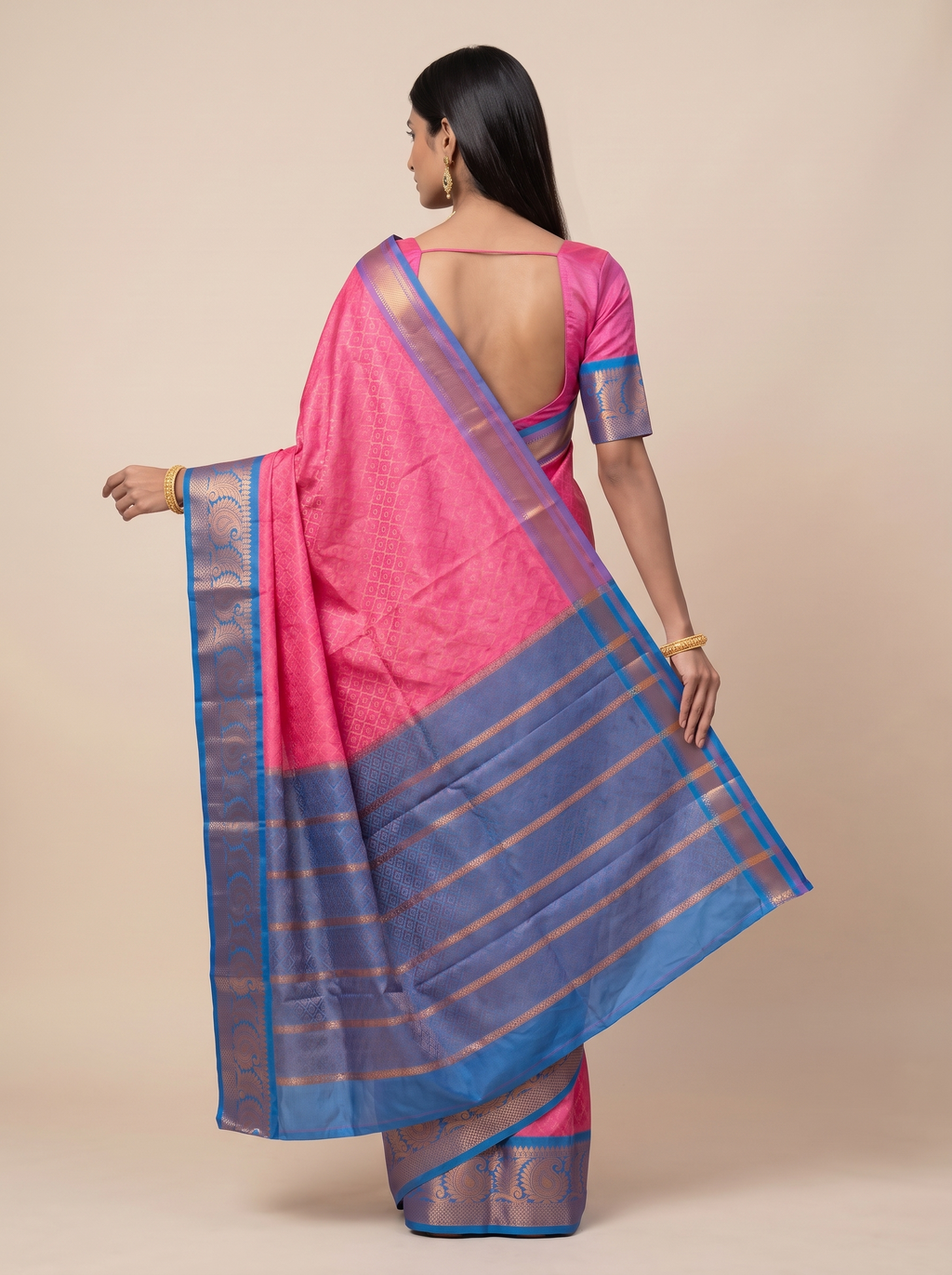Pink and Blue Floral Woven Semi Silk Saree