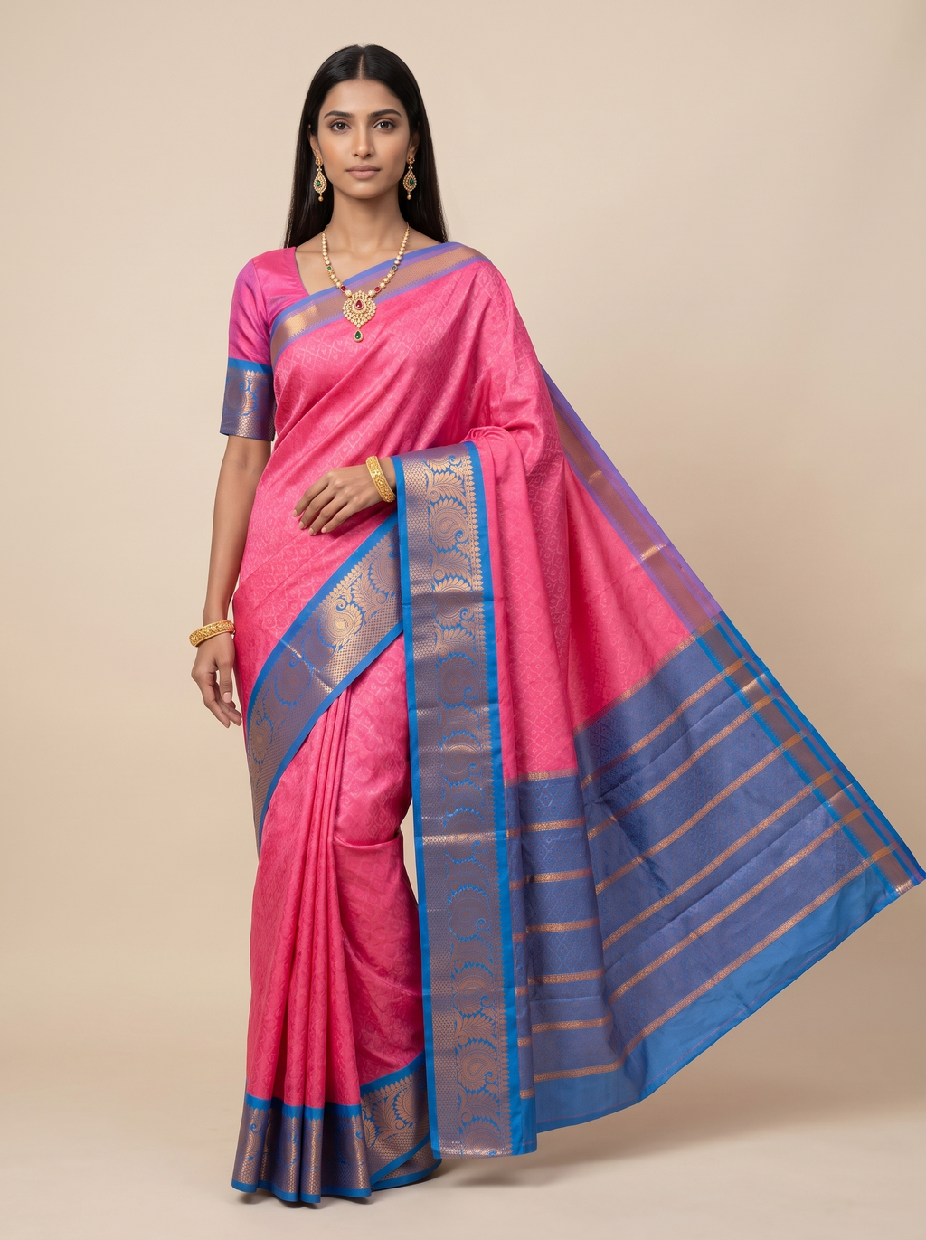 Pink and Blue Floral Woven Semi Silk Saree