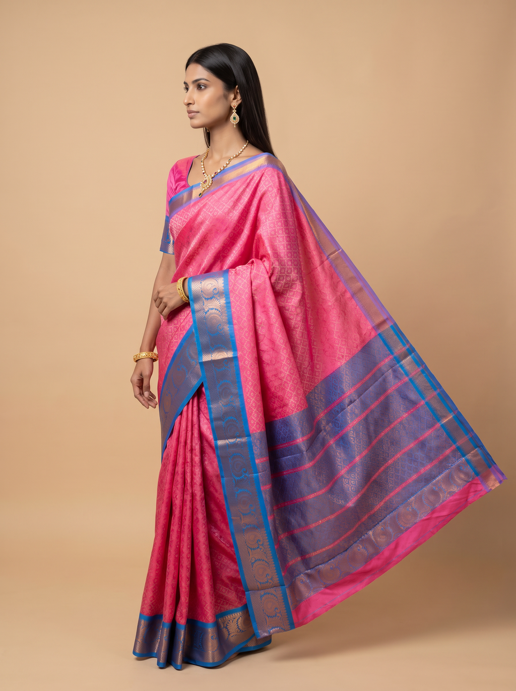 Pink and Blue Floral Woven Semi Silk Saree
