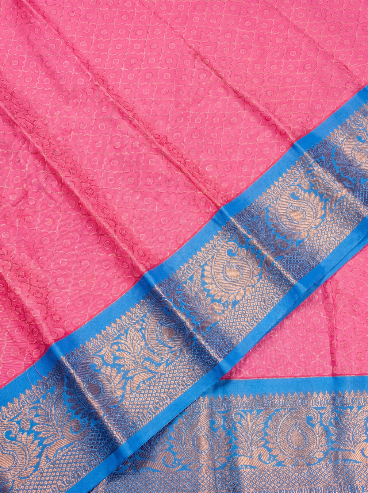 Pink and Blue Floral Woven Semi Silk Saree