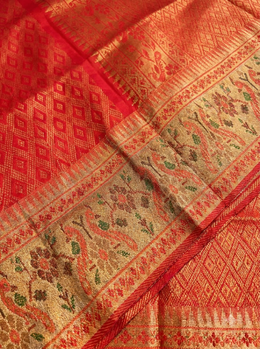 Bright Crimson Red and Antique Gold Zari Woven Silk Saree
