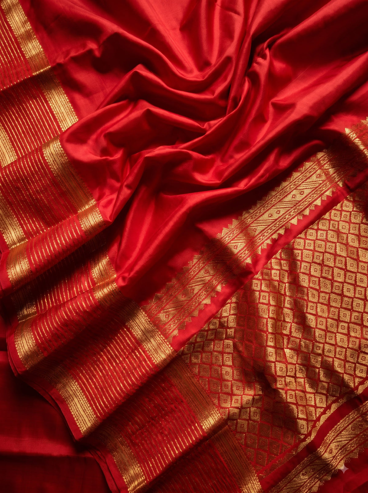 Crimson Red Silk Saree with Gold Zari Striped Pallu
