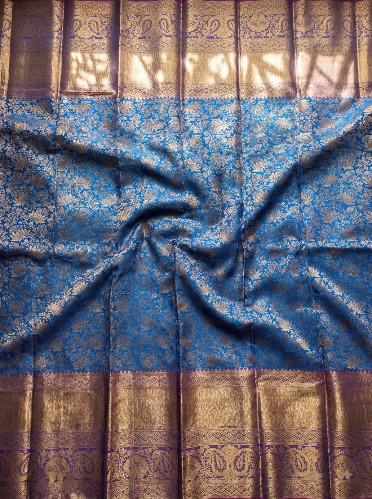 Blue Traditional Brocade Silk Saree with Antique Gold Floral Weave