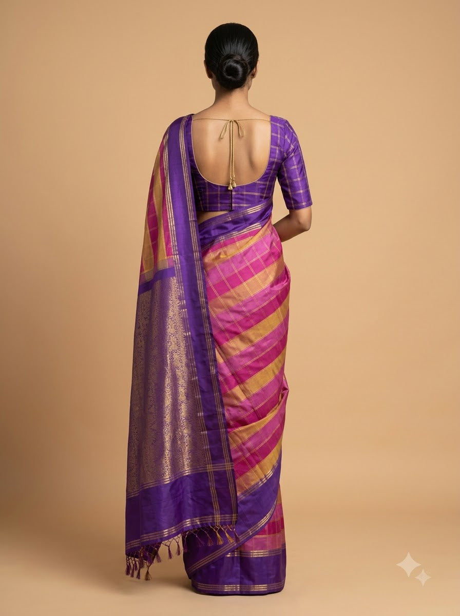 Purple Checked Silk Saree with Gold Zari Lines