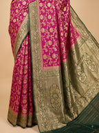 Magenta & Bottle Green Georgette Saree With Floral Zari Jaal Weave
