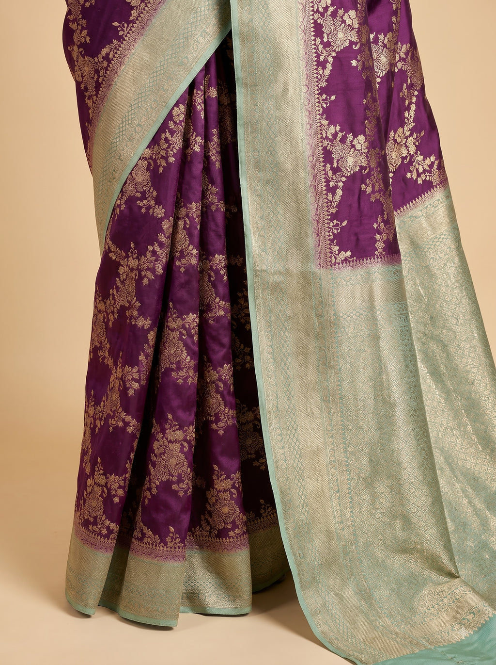 Deep Purple & Mint Green Tissue Saree With Floral Zari Weave with Contrast Border
