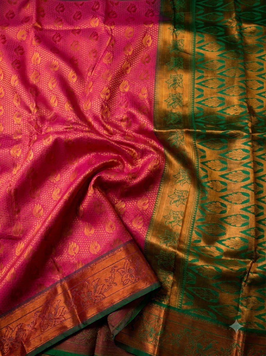 Pink and Green Gold Zari Woven Semi Silk Saree