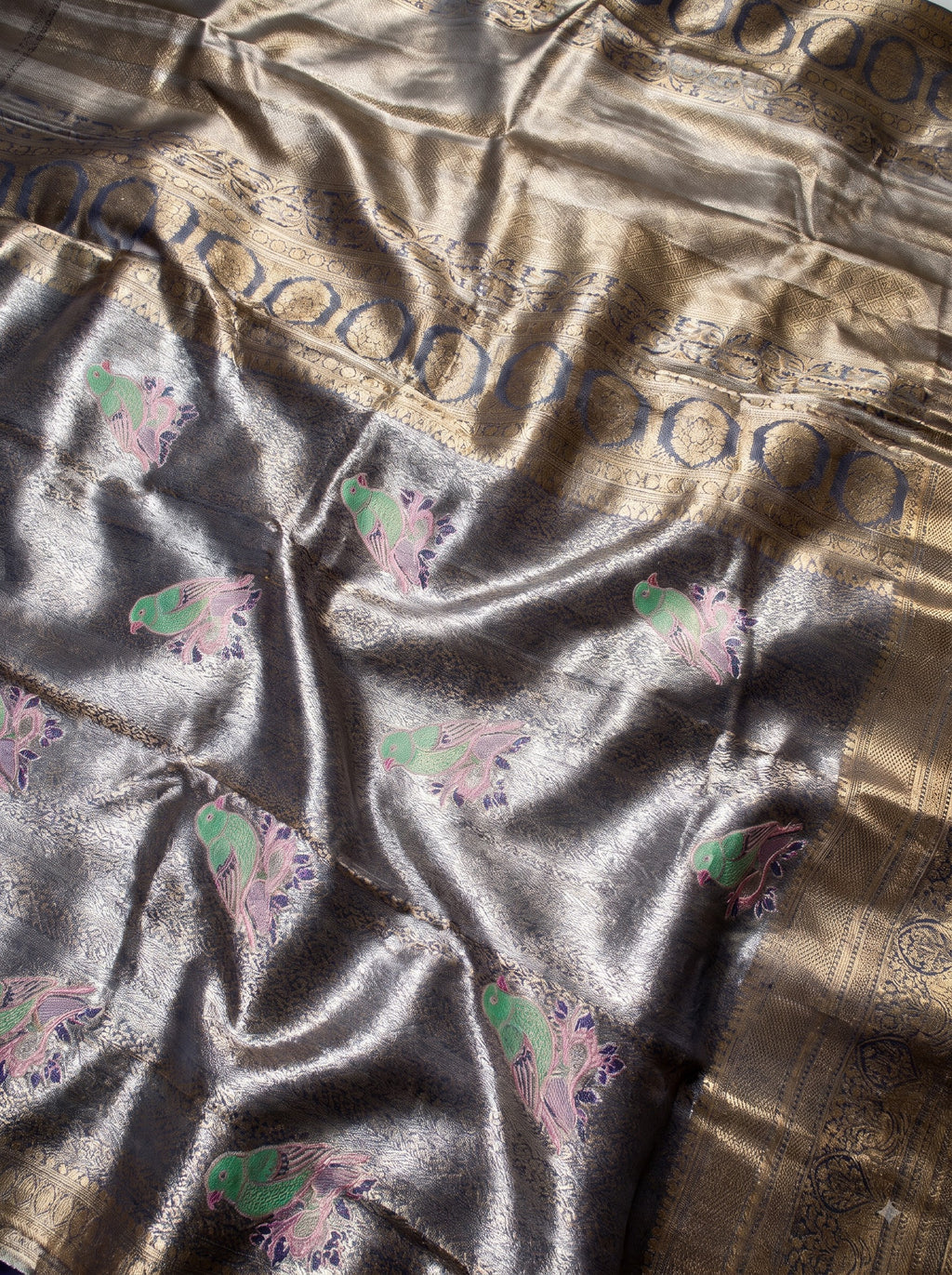 Dark blue, Antique Gold, Pink and Green Floral Zari Woven Semi Kanchivaram Silk Saree