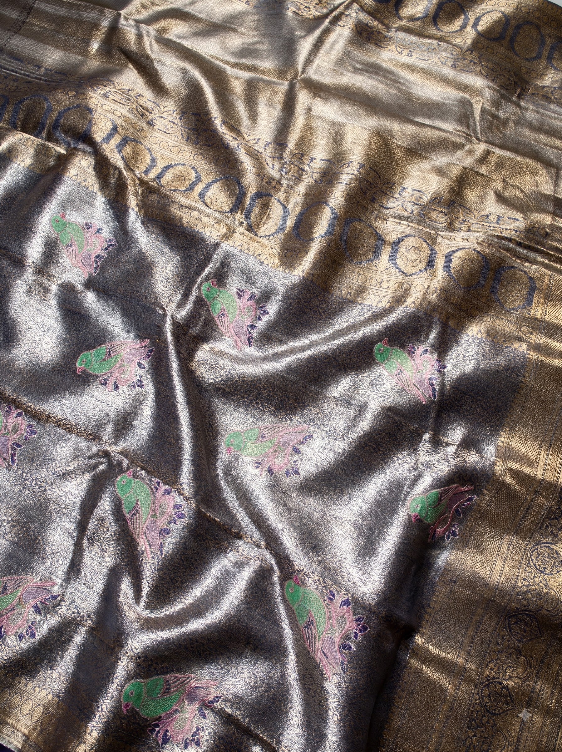 Dark blue, Antique Gold, Pink and Green Floral Zari Woven Semi Kanchivaram Silk Saree