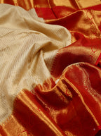 Cream and Deep Red Antique Gold Zari Woven Semi Kanchivaram Silk Saree