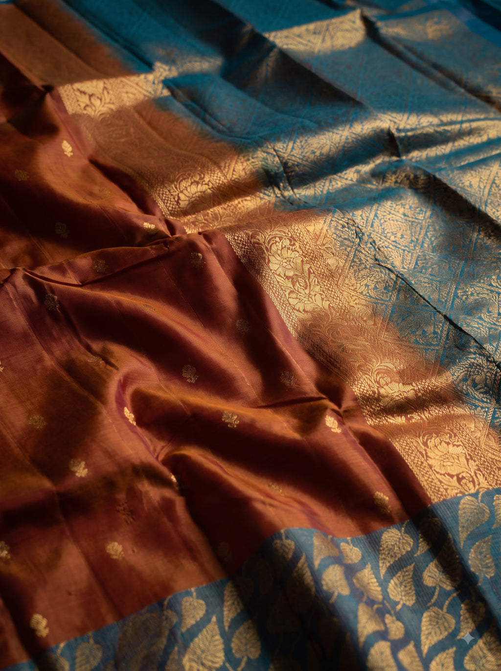 Dusty Rose Silk Saree with Aqua Blue Leaf Zari Border